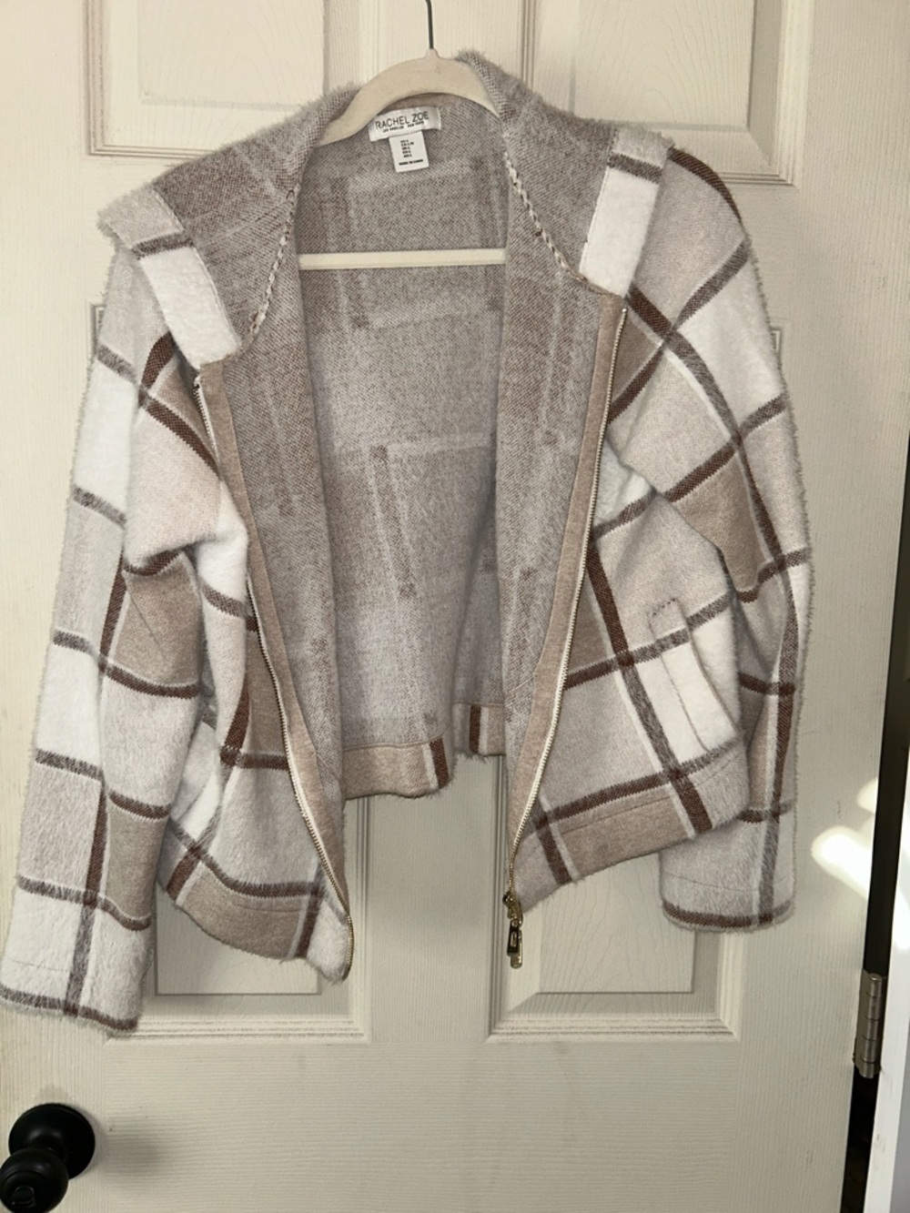 Rachel Zoe Cream Plaid Hooded Bomber Jacket with Brown Accents